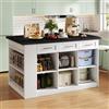 VICONELISE Isola Della Cucina, Isola Cucina con Tavolo da Pranzo Estensibile per 4-6 Persone, Carrello da Portata Con Presa di Corrente, Mobiletto Portaoggetti, 2 Cassetti, 2 Ripiani Laterali Aperti(Bianco)