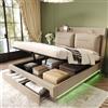 VICONELISE Letto Matrimoniale con Contenitore 180x200 con LED e Cassetti, Letto una Piazza e Mezza con Spazio Idraulico e Rete a Doghe, Struttura Letto Imbottito con Vano Portaoggetti e Testiera(Beige)