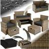 tectake® Salottino in Rattan Modena, Telaio in Acciaio, Tavolino Salotto con Piano in Vetro, Divano, Poltrone, Morbidi Cuscini, Involucro Protettivo Incluso - Naturale
