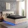 tectake® Letto Matrimoniale Imbottito con Rete a Doghe 140x200 cm, Letto Contenitore Matrimoniale e Illuminazione LED, Struttura in Acciaio, Velluto Trapuntato Chesterfield, con Telecomando - Sabbia