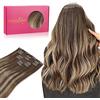 WENNALIFE Extension Capelli Veri Clip, 35cm 120g 7pcs Extension Clip Capelli Veri Balayage Marrone Cioccolato a Biondo Miele Remy Umani Naturali Capelli Extension con Clip