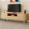 Rosebibi Mobile TV moderno con cassetti in rattan con scomparti aperti, piano arrotondato, gambe in metallo effetto legno, mobili da soggiorno multifunzionali