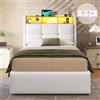 DICTAC Letto Singolo 90x190 con Contenitore, Imbottito con LED e Porte USB, Struttura Letto Imbottito con Testiera e Sollevamento Idraulico, Per Ragazzi e Adulti, Bianco