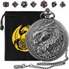 Keller & Weber Set di Dadi Mini DND, 7 pezzi in Acrilico Poliedrico D&D, Steampunk Drago Grande Cassa Orologio da Tasca, Sacchetto Regalo DND con Logo Drago, Accessorio per Gioco di Ruolo, Argento Scuro + Marrone