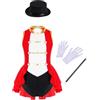 Runhomal Halloween - Set Capo del Circo per Bambina, Senza Maniche, Abito Svasato sul Retro + Cappello + Bacchetta Magica + Guanti, Gioco di Ruolo, Rosso, 9-10 anni