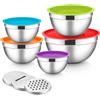HaWare Set di 5 ciotole per insalata in acciaio inox, per cucinare/preparare/servire/conservare alimenti, 3 accessori per grattugia e coperchi ermetici, lavabili in lavastoviglie, 0,7/1/1,5/2,6/4,6 l,