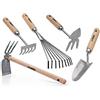 VITO - Kit 5 attrezzi da giardino manico in legno inox e ferro forgiati a mano di alta qualità
