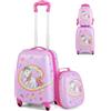SOARS Set di Valigia 16'' + Zaino 12'' per Bambini 2 Pezzi, Bagagli 2-in-1 con Zainetto da Viaggio Aereo, Trolley con Maniglia Telescopica e 4 Ruote a 360° (Rosa Unicorno)