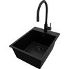 PRIMAGRAN Lavandino da Cucina Tutto Nero 38x50cm, Lavello in Granito a 1 vasca + Rubinetto 40x38cm + Set di accessori, Lavabo da Cucina Incasso al Mobile 40cm - Riga S062