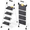 KINGRACK Scaletta 4 Gradini, Scala Pieghevole Portata 150 kg, con Blocco di Sicurezza, Ampio Pedale Antiscivolo, Corrimano, Scala Domestica Leggera in Acciaio, per Casa Cucina Armadi Ufficio, Bianco