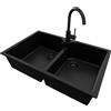 PRIMAGRAN Lavandino da Cucina Tutto Nero 78x50cm, Lavello in Granito a 2 vasche + Rubinetto 32x20cm + Set di accessori, Lavabo da Cucina Incasso al Mobile 80cm - Madrid Twin S010