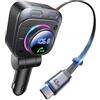 LENCENT 72W Trasmettitore FM Auto Bluetooth 5.4, Adattatore Bluetooth Auto con Cavo di Ricarica Retrattile, Bassi Profondi & Vivavoce, Regolabile a 180°, Accendisigari USB-C per iPhone 17/16/iPad