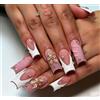 MouyouGlow Unghie Finte Media Lunga MouyouGlow,Squadrata Bianche French 3D Fiori Floreale Striped Diamant Design Short Press on Nails,White Tips Pink Flower Wavy Strass Sweet Estate INS Artificial Fake Nails
