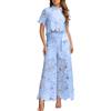 Generic Set da donna in due pezzi in pizzo scavato, top a maniche corte e pantaloni a gamba larga, completo casual versatile da vacanza con sartoria premium, Blu, S