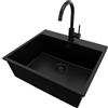 PRIMAGRAN Lavandino da Cucina Tutto Nero 58x50cm, Lavello in Granito a 1 vasca + Rubinetto 32x20cm + Set di accessori, Lavabo da Cucina Incasso al Mobile 60cm - Riga S316
