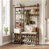 EGGREE Appendiabiti Ingresso con Panca Scarpiera,Mobile da Ingresso 6 in 1 con Scarpiera,5 Ripiani Portaoggetti,9 Ganci Appendiabiti,8 Ganci Laterali per Vestiti,120x40x190 cm,Marrone Vintage e Nero