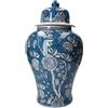 KeyHome Store Potiche in Porcellana Blu con Fiori e Farfalle Bianche
