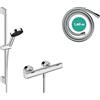 hansgrohe Pulsify Select S - Set doccia con termostatico Ecostat Fine, doccetta a risparmio idrico (EcoSmart, 105 mm, 3 getti), tubo flessibile e asta doccia (0,65 m), cromo, 24262000