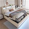 VICONELISE Letto Matrimoniale con Contenitore 180x200 cm con LED e USB, Struttura Letto Imbottito con Vano Portaoggetti e Testiera, Letto Una Piazza e Mezza con Spazio e Rete a Doghe(Beige)