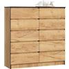 AKORD | Cassettiera K-120 con 10 (2 x 5) Cassetti | Moderna Mobiletto per Soggiorno Sala da Pranzo Camera da Letto Corridoio Bagno | Armadio Cameretta | 120x121x40 cm | Peso 70kg | Quercia artigianale