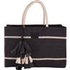 Camomilla Borsa Shopper in Rafia Nera con Righe Bianche e Nappe