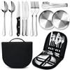 AURALIN Set di stoviglie da campeggio per 2 persone, set di 10 posate da campeggio portatili in acciaio inox, posate da viaggio, stoviglie da picnic con custodia (piatti, forchette, cucchiai, pinze