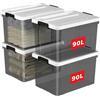 Cetomo 90L*4 Scatole di Stoccaggio in Plastica, Scatole Portaoggetti con Coperchio, Organizzatore, Contenitori per Casa e Ufficio, Impilabile, Resistente, Nero Chiaro, 90L - Confezione da 4