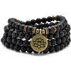 oasymala Bracciale o collana con 108 perle di Mala curative con ciondolo di loto dorato (Agata nera (Black Agate))