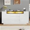 Lcoho Credenza per soggiorno, 140 x 60 x 48 cm, con 2 ante a forma di L, con divisori regolabili e luci a LED, armadio lucido con 3 cassetti, cassettiera, bianco e nero