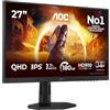 AOC Gaming Monitor Q27G4XF 27 pollici, 2560x1440, WQHD, 180Hz, Fast IPS Panel, 0.5ms MPRT, Height Adjustment, (HDMI1x 2.0 DP 1x 1.4) Adaptive Sync, HDR10, G-Sync Compatible, Nero