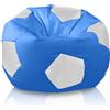 Bepouf - Poltrona a Sacco Pallone Calcio in Ecopelle con Imbottitura in Palline di Polistirolo, Poltrona a Sacco adatta per Camera e Salotto - Dimensione Piccola 55x35, Colore Azzurro e Bianco