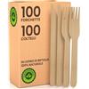 Baciato Caffè Kit Posate Ecologiche in Legno di Betulla 100 Forchette + 100 Coltelli Monouso 100% Naturali Biodegradabili e Compostabili Usa e Getta