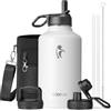 Coolflask Borraccia termica da 2l, con cannuccia e 3 coperchi, brocca per l'acqua da 2l, in acciaio inox, con imboccatura larga, per sport, palestra o ufficio, senza BPA, mantiene il freddo