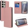 Vauki Cover in Pelle per Samsung Galaxy S25 Ultra 6.9 con 1 Vetro Temperato, Etui a Libro in PU, Porta Carte, Portafoglio, Supporto, Chiusura Magnetica, Antiurto, Antigraffio, Rosa-Oro