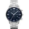 Emporio Armani Orologio per uomo, Movimento cronografo al quarzo a 2 quadranti secondari e cassa da 42 mm con cinturino in acciaio, 43 mm, Tono argento e blu scuro