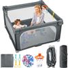 eSynic Box Bambini 150x150cm con Materassino Lavabile, Magniglie, Cestino da Basket e Pallini, Recinto per Neonati Modulare Pieghevole da Viaggio, Playpen Giochi per Bimbo a Rete Visibile Zip Esterno