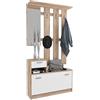 Bricozone Mobiletto Mobile da Ingresso con Scarpiera e Specchio Guardaroba con 6 Ganci Appendiabito Arredamento Sala Corridoio 97 x 35 x 25 cm (Bianco Quercia)