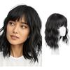 KBRPEY Parrucca Donna 12 Pollici Capelli Corti Ondulati Ricci Clip In Parrucche Capelli Frangia Parrucca in Sintetico per Uso Quotidiano e Carnevale Taglio Corto (Nero)
