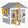 Outsunny Casetta in Legno per Bambini 3-8 Anni, Casetta da Giardino per Bambini con Finestre, Tetto Inclinato, Vasi e Fioriere, Grigio, Giallo, Bianco