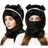 Generic Cappello con maschera a forma di orso, grazioso berretto invernale 3 in 1 in pile con maschera e orecchie, passamontagna caldo antivento per attività all'aperto, Nero , L