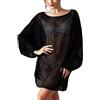 Abito T-shirt Donna Copricostume Spiaggia Nero Micro Dress Maniche Lunghe Sheer