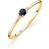 Orovi Anello da donna in oro con zaffiro/ametista/rubino/smeraldo/topazio e 2 diamanti 0,03 ct, anello trilogia, anello di fidanzamento, gemma, oro giallo 9 carati (375), 54 (17.2)