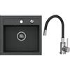 VBChome, Lavello da incasso in granito, 46 x 49 cm, singolo, lavabo da cucina screziato, con valvola rotante, sifone e miscelatore monocomando, Nero