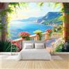 Generico Carta da Parati Professionale 300 x 210 cm in TNT, Carta da Parati Resistente allo Sporco per Cucina e Sala da Pranzo, Decorazione Fotomurale Parete Blu Romantico Vista Mare Balcone Colonnato