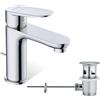 KLUDI - X1 rubinetto per lavabo cromato con scarico a tiranti, rubinetto a risparmio idrico misura M, altezza erogatore 95 mm, cartuccia in ceramica, miscelatore lavabo con tubi di collegamento