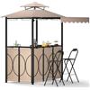 HOMASIS Gazebo per Barbecue con Banco da Bar e 2 Sgabelli, Gazebo Esterno Resistente con Doppio Tetto, Pergolato Resistente alla Pioggia e al Fuoco (Marrone, con tenda laterale, 193 x 117 x 240 cm)