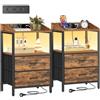 Hzuaneri Comodini Set di 2, con Luci LED e presa elettrica, Marrone Vintage
