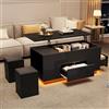 VIEKOS Tavolino 4 in 1, 100 x 50 x 45 cm, regolabile in altezza, con LED, tavolino da caffè con 2 cassetti, tavolo lucido con divano e 2 sgabelli, tavolino con spazio nascosto, nero