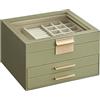 SONGMICS GISELLA Collezione - Scatola Portagioie con Coperchio in Vetro, 3 Livelli, Porta Gioielli con 2 Cassetti, Moderno, Idea Regalo, Verde Alloro e Dorato, 20,3 x 23,1 x 13,5 cm JBC239C02V1