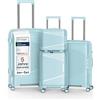 4FLY Set di valigie da viaggio leggere e rigide, con serratura TSA, doppie ruote, manico telescopico in alluminio e doppia cerniera, beauty case, bagaglio a mano e bagaglio da lavoro, Azzurro, 4er Set